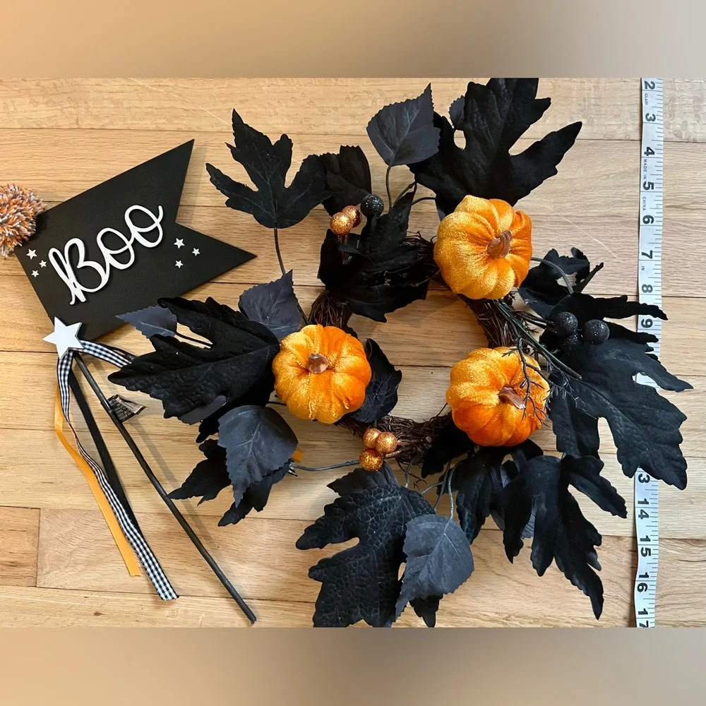 NWT! Halloween Pumpkin Wreath with Black Leaves and “Boo” Sign with Ribbons